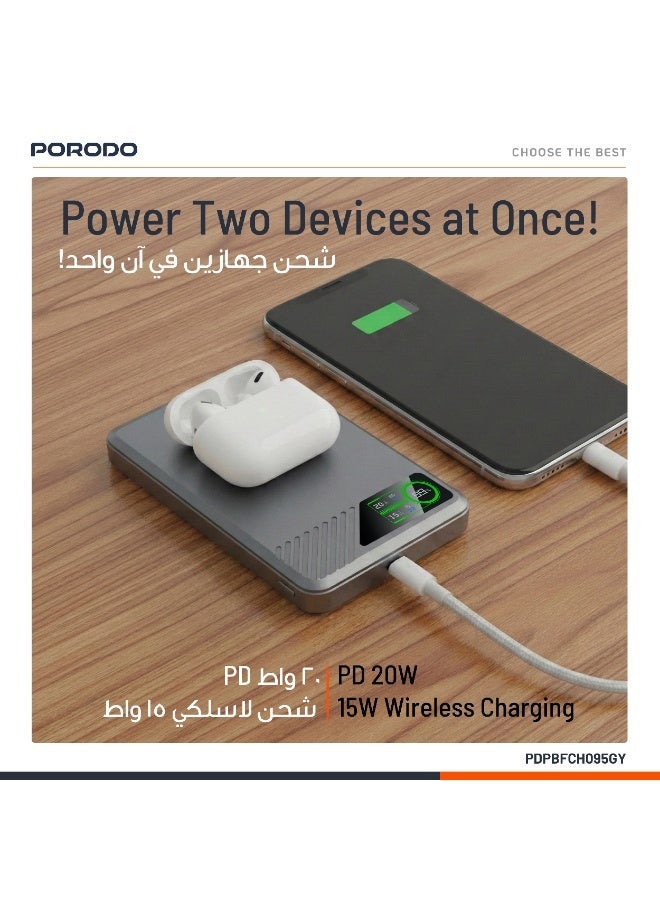 porodo SlimMag Magnetic Power Bank 10000mAh Battery with Real-Time Power Display and PD 20W / Fast Charger MagSafe Powerbank 10000 mAh / Strong Magnetic Hold - Grey - Image 3